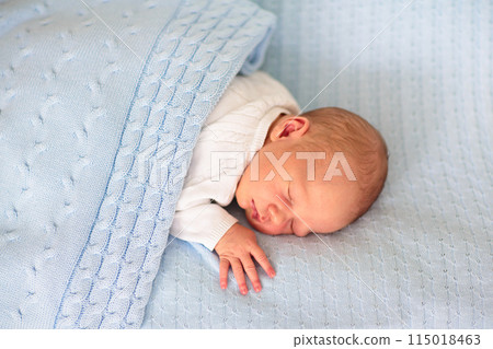 Newborn baby boy on a blue blanket 115018463