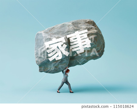 A miniature doll of a businesswoman about to be crushed by a large rock with the word "housework" written on it 115018624