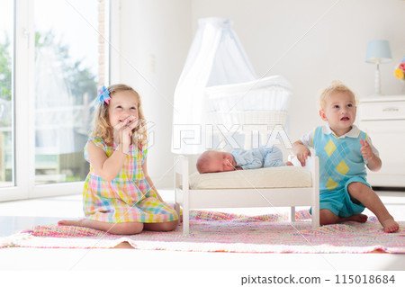 Kids play with newborn baby brother Kids play with newborn baby brother 115018684