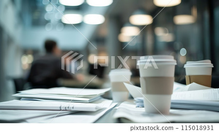 Close-up of coffee cups and paperwork on an office desk, blurred background. Busy work environment and reliance on caffeine to stay productive. 115018931
