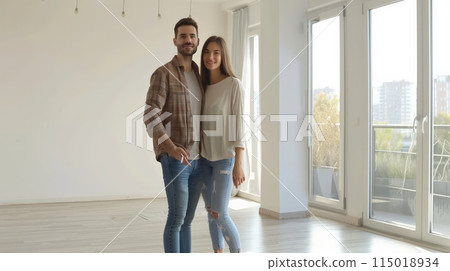 Happy couple standing in their new home with large windows and a city view. Concept of new beginnings. 115018934
