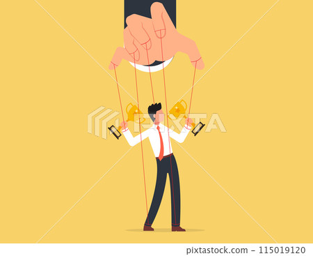 Marionette or exploitation. Businessman marionette on ropes controlled hand. Marionette or exploitation. Businessman marionette on ropes controlled hand. 115019120
