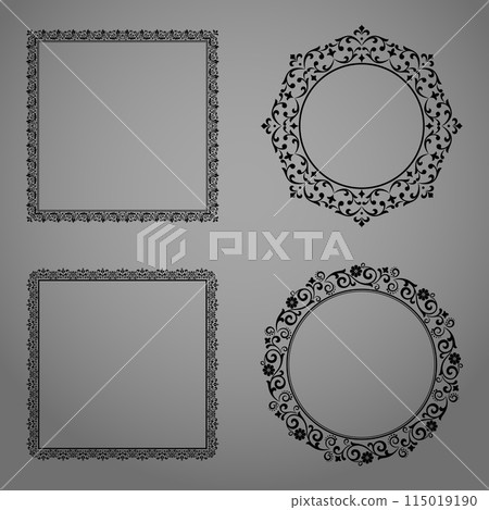 Set of decorative frames Elegant vector element for design in Eastern style, place for text. Floral black and gray borders. Lace illustration for invitations and greeting cards. Set of decorative frames Elegant vector element for design in Eastern style, place for text. Floral black and gray borders. Lace illustration for invitations and greeting cards. 115019190