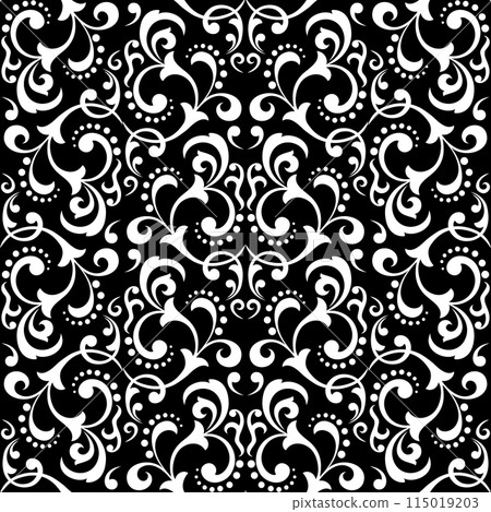 Wallpaper in the style of Baroque. Seamless vector background. White and black floral ornament. Graphic pattern for fabric, wallpaper, packaging. Ornate Damask flower ornament. Wallpaper in the style of Baroque. Seamless vector background. White and black floral ornament. Graphic pattern for fabric, wallpaper, packaging. Ornate Damask flower ornament. 115019203