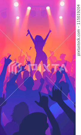 Vibrant concert scene with hands up at a music festival. Enthusiastic audience enjoying a live performance with bright stage lights and colorful atmosphere. Perfect for entertainment and celebration. Vibrant concert scene with hands up at a music festival. Enthusiastic audience enjoying a live performance with bright stage lights and colorful atmosphere. Perfect for entertainment and celebration. 115019204