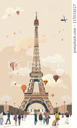 Illustration of Eiffel Tower with tourists and hot air balloons. Iconic Paris landmark and travel adventure. Illustration of Eiffel Tower with tourists and hot air balloons. Iconic Paris landmark and travel adventure. 115019227