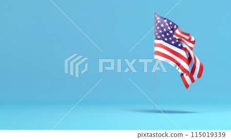American flag waving on a blue sky background. Ideal for Independence Day and patriotic celebrations. 115019339