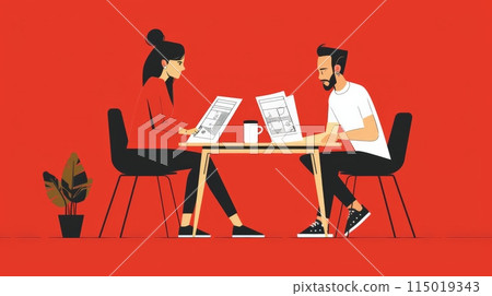 Illustration of a couple reviewing house plans at a table with a red background. Concept of real estate, property market, and home buying. 115019343