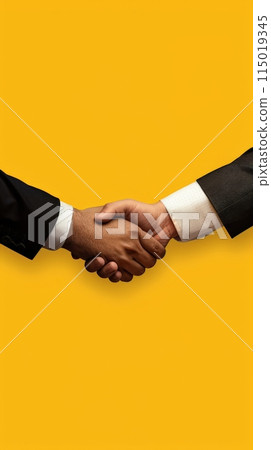 Close-up of handshake between two diverse business professionals with yellow background. Ideal for business, partnership, and real estate themes. 115019345