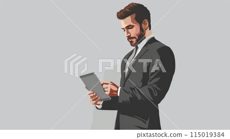 Illustration of a businessman using a tablet against a plain background. Ideal for real estate, property market, and home buying themes. Illustration of a businessman using a tablet against a plain background. Ideal for real estate, property market, and home buying themes. 115019384