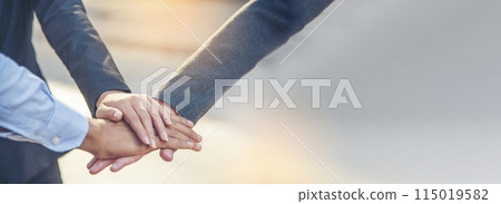 Banner diversity solidarity team multiethnic Partners hands together teamwork. Group of multiracial meetings joins hands together. Panorama Diversity people hands join empower trust team solidarity 115019582