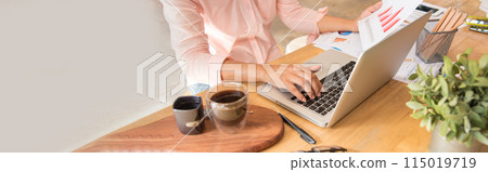 Banner woman working office desk reading financial report finance chart graph on table. Wide tax audit woman hands working paperwork office. Banner Businesswoman Audit financial with copy space 115019719