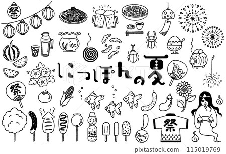 Simple and cute "Summer in Japan" illustration set (monochrome) 115019769