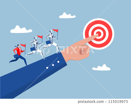 Leadership future Business model Competation to success in work between Human with robot leader holding winner flag running lead business people on pointing finger. 115019973