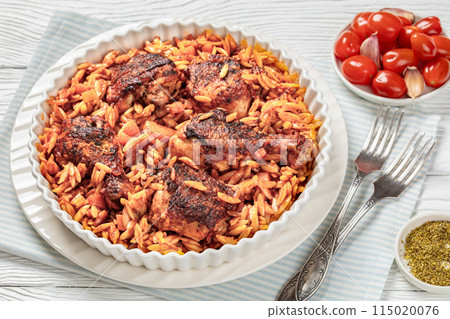 baked greek chicken orzo stew in tomato sauce baked greek chicken orzo stew in tomato sauce 115020076