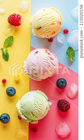 Scoops of ice cream on a colorful background 115020156