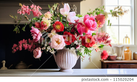 Beautiful bouquet of flowers in a vase on the windowsill. AI generated 115020204