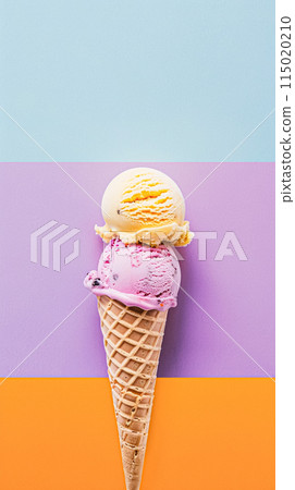 Scoops of ice cream in a waffle cone on a colorful background 115020210