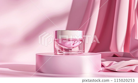Cosmetic cream in a glass jar on a pink background. Skin care concept. Backdrop for beauty products Cosmetic cream in a glass jar on a pink background. Skin care concept. Backdrop for beauty products 115020253