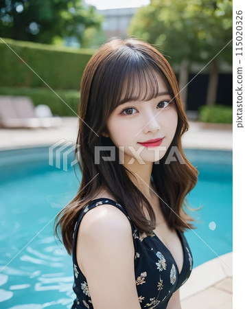 A woman with long hair wearing a black dress and smiling gently at the pool 115020326