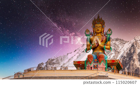 The Maitreya Buddha statue with Himalaya mountains, Diskit Monastery or Diskit Gompa, Diskit Monastery also known as Deskit Gompa or Diskit Gompa Nubra valley, Leh Ladakh, India. 115020607