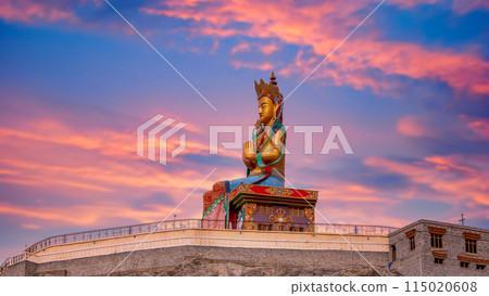 The Maitreya Buddha statue with Himalaya mountains, Diskit Monastery or Diskit Gompa, Diskit Monastery also known as Deskit Gompa or Diskit Gompa Nubra valley, Leh Ladakh, India. 115020608