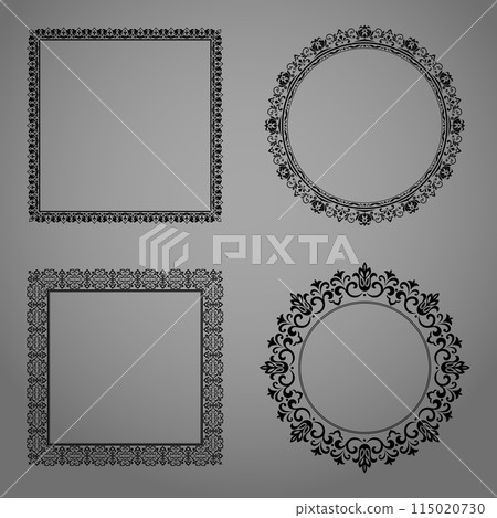 Set of decorative frames Elegant vector element for design in Eastern style, place for text. Floral black and gray borders. Lace illustration for invitations and greeting cards Set of decorative frames Elegant vector element for design in Eastern style, place for text. Floral black and gray borders. Lace illustration for invitations and greeting cards 115020730