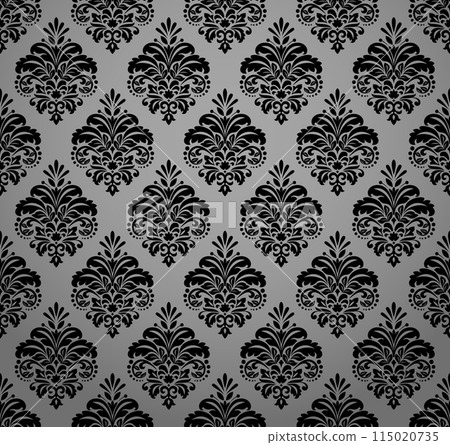 Floral pattern. Vintage wallpaper in the Baroque style. Seamless vector background. Gray and black ornament for fabric, wallpaper, packaging. Ornate Damask flower ornament Floral pattern. Vintage wallpaper in the Baroque style. Seamless vector background. Gray and black ornament for fabric, wallpaper, packaging. Ornate Damask flower ornament 115020735