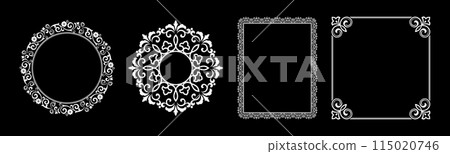 Set of decorative frames Elegant vector element for design in Eastern style, place for text. Floral black and white borders. Lace illustration for invitations and greeting cards. Set of decorative frames Elegant vector element for design in Eastern style, place for text. Floral black and white borders. Lace illustration for invitations and greeting cards. 115020746