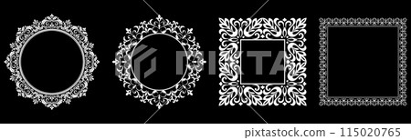 Set of decorative frames Elegant vector element for design in Eastern style, place for text. Floral black and white borders. Lace illustration for invitations and greeting cards. Set of decorative frames Elegant vector element for design in Eastern style, place for text. Floral black and white borders. Lace illustration for invitations and greeting cards. 115020765