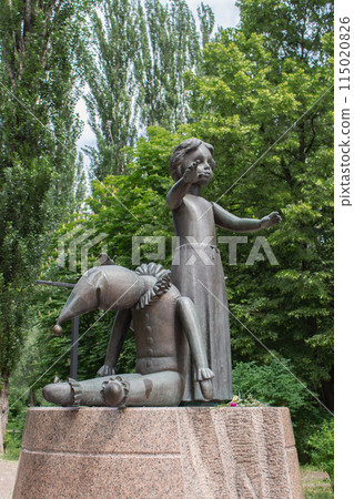 Kyiv, Ukraine - 05 27 2024: Memorial statue of children killed by fascism in World War 2. Monument of victims of holocaust in Babi Yar park, Kyiv. Executed children by war in art.  115020826