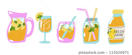Tropical flavor juice, ice tea and citrus lemonade in different glass container. Summer soft drinks with lemon, rosemary and mint. 115020971