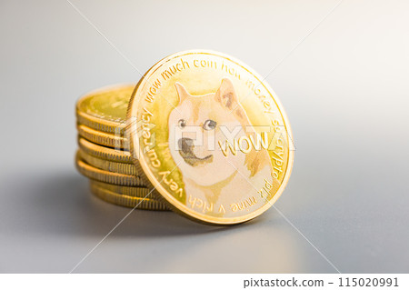 Golden dogecoin coin. Cryptocurrency dogecoin. Doge cryptocurrency on gray background. Golden dogecoin coin. Cryptocurrency dogecoin. Doge cryptocurrency on gray background. 115020991