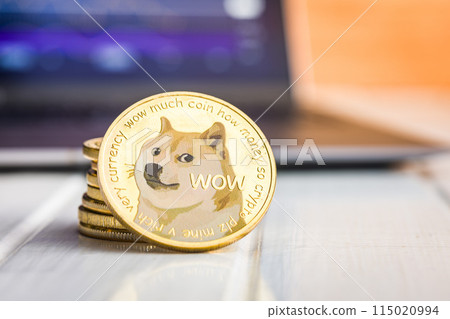 Golden dogecoin coin. Cryptocurrency dogecoin. Doge cryptocurrency on white table. 115020994