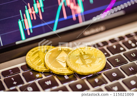 Bitcoin, litecoin and ethereum. Cryptocurrency on computer a keyboard and business chart on screen on background. Bitcoin, litecoin and ethereum. Cryptocurrency on computer a keyboard and business chart on screen on background. 115021009