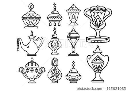A set of black and white drawings of various lamps and vases A set of black and white drawings of various lamps and vases 115021085