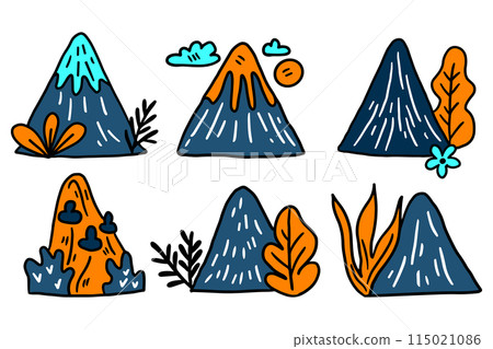 A set of six mountains with trees and flowers in the foreground A set of six mountains with trees and flowers in the foreground 115021086