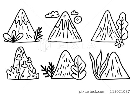 A set of six mountains with trees and flowers in the foreground A set of six mountains with trees and flowers in the foreground 115021087