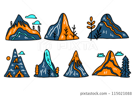 A set of six mountains with trees and flowers in the foreground A set of six mountains with trees and flowers in the foreground 115021088