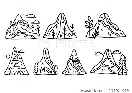 A set of six mountains with trees and flowers in the foreground A set of six mountains with trees and flowers in the foreground 115021089