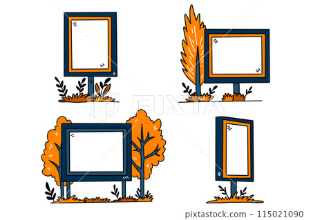 Four signs with trees and grass in the background 115021090