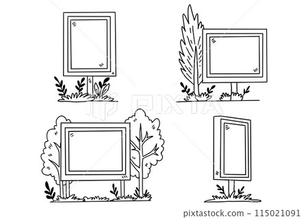 Four signs with trees and grass in the background 115021091