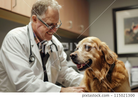 smiling man veterinarian examining big dog at veterinary clinic smiling man veterinarian examining big dog at veterinary clinic 115021300