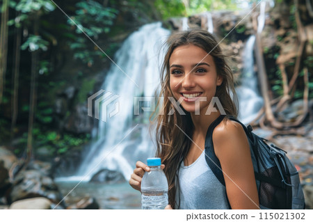 smiling young woman tourist with backpack holding bottle of water against the backdrop of mountain waterfall 115021302