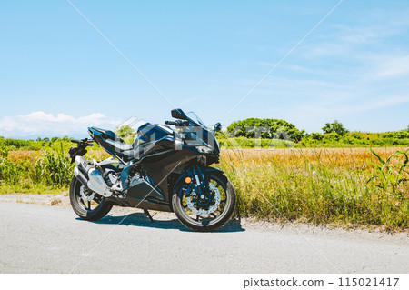 Early summer motorcycle touring, wheat fields and blue sky, b-5 film style 115021417