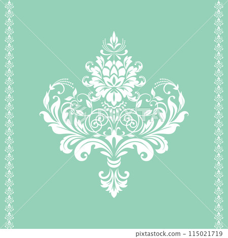 Damask graphic ornament. Floral design element. Green and white vector pattern 115021719