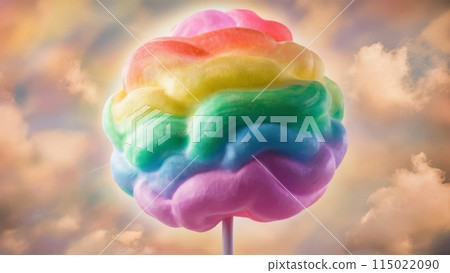 A vibrant, whimsical image featuring a colorful, rainbow-swirled cotton candy on a stick with dreamy fluffy clouds 115022090