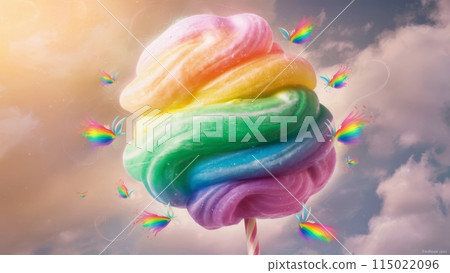 A vibrant, whimsical image featuring a colorful, rainbow-swirled cotton candy on a stick with dreamy fluffy clouds 115022096