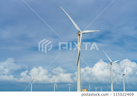 Wind turbines, blue sky and white clouds close-up Wind turbines, blue sky and white clouds close-up 115022409