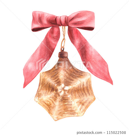 Christmas tree vintage glass gold toy with a red bow. Watercolor old xmas decoration or New year antique fir decor. Winter festive card clipart. Hand drawn illustration isolated on white background. Christmas tree vintage glass gold toy with a red bow. Watercolor old xmas decoration or New year antique fir decor. Winter festive card clipart. Hand drawn illustration isolated on white background. 115022508